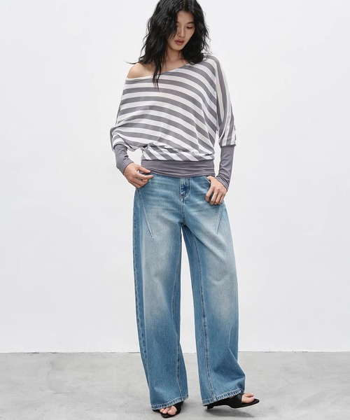 ワイドパンツ ジーンズ デニム デニムパンツ スラントシーム ワイドデニムパンツ EM26s054「EIGHTHMONTH」 レディース メンズの画像