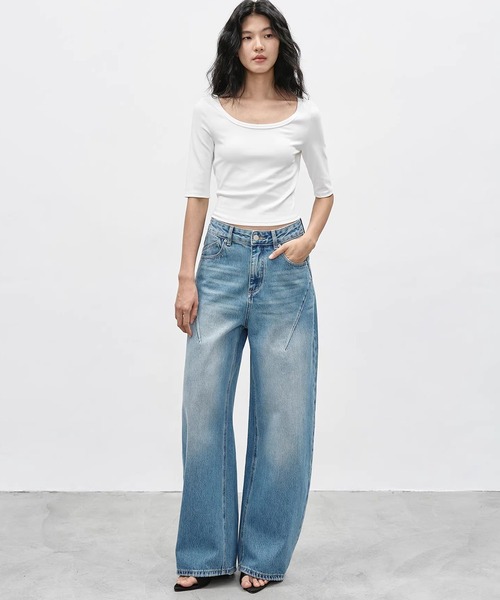 ワイドパンツ ジーンズ デニム デニムパンツ スラントシーム ワイドデニムパンツ EM26s054「EIGHTHMONTH」 レディース メンズの画像