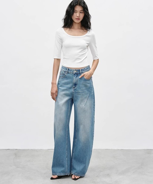 ワイドパンツ ジーンズ デニム デニムパンツ スラントシーム ワイドデニムパンツ EM26s054「EIGHTHMONTH」 レディース メンズの画像