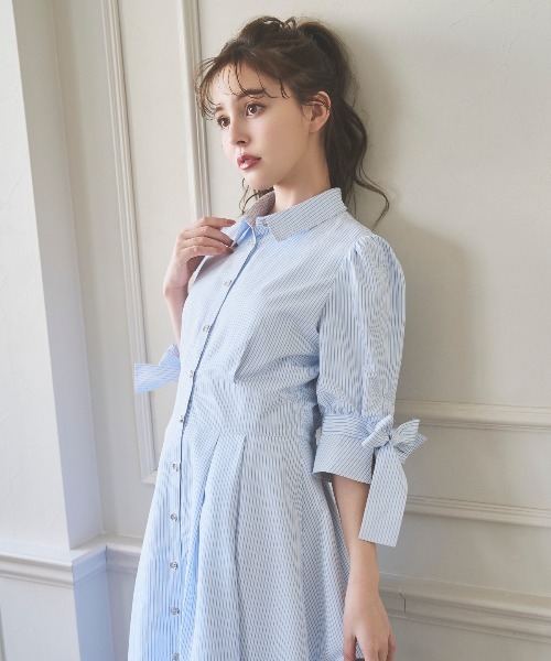 美品☆バーバリーブルーレーベル シャツワンピース フリルリボンストライプ y2k ストライプ柄フリルリボン配色ワンピース[al331a] | レディース
