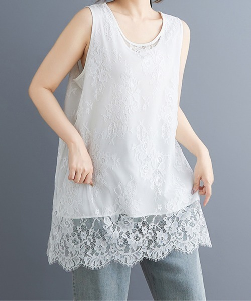 tシャツ 総レースノースリーブチュニックトップス レディース