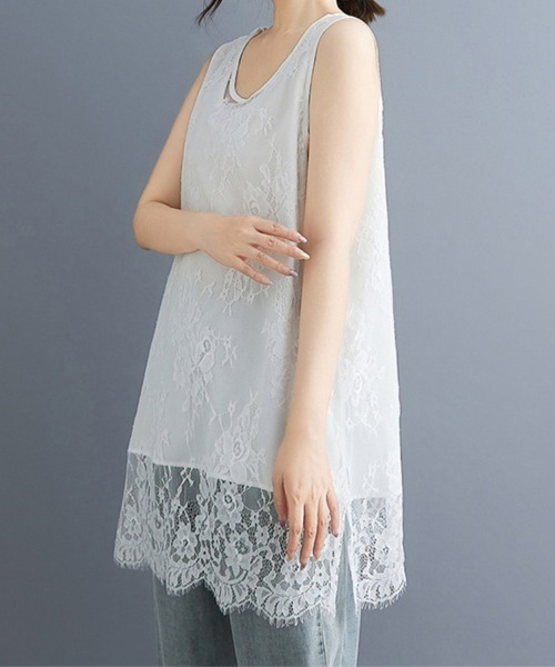 tシャツ 総レースノースリーブチュニックトップス レディース