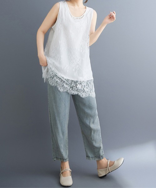 tシャツ 総レースノースリーブチュニックトップス レディース