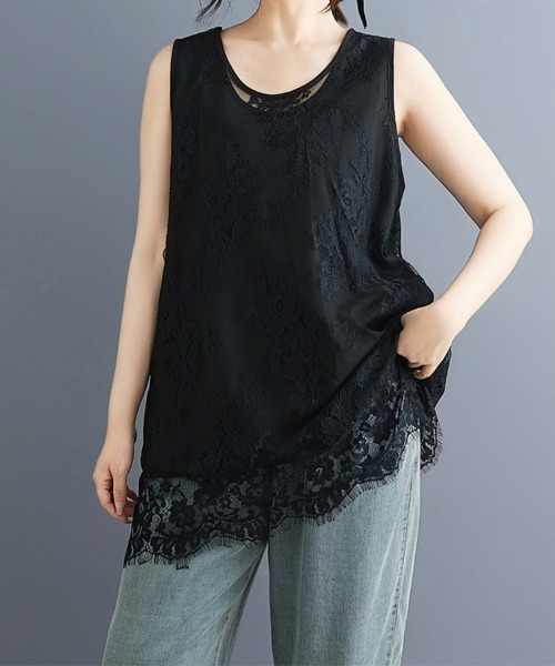 tシャツ 総レースノースリーブチュニックトップス レディース