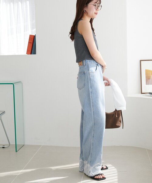 ジーンズ デニム デニムパンツ ライトオンス裾レースデニムストレートパンツ レディースの画像
