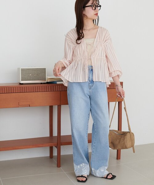 ジーンズ デニム デニムパンツ ライトオンス裾レースデニムストレートパンツ レディースの画像