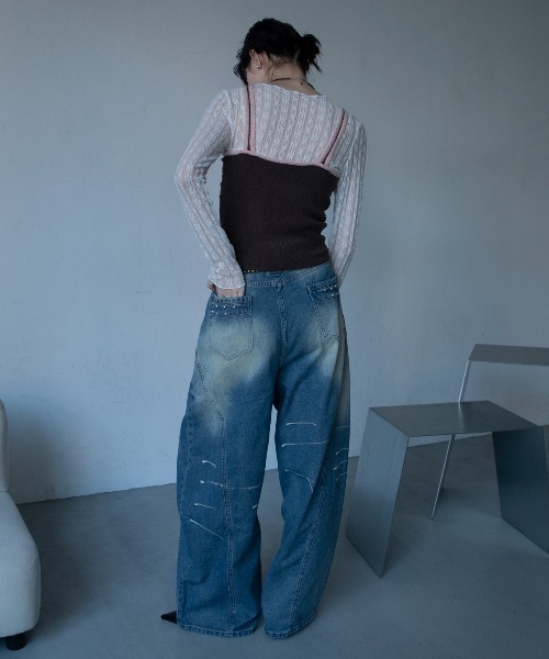 ジーンズ デニム デニムパンツ スタッズラインワイドデニム レディース