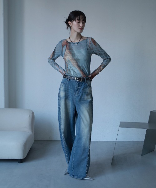 ジーンズ デニム デニムパンツ スタッズラインワイドデニム レディース