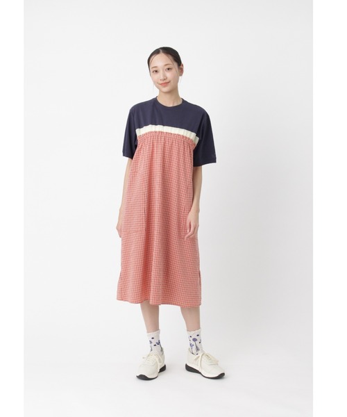 kyaraシンジュク ほぼ新品！！スーパーハッカ　刺繍　半袖ワンピース SUPER HAKKA（スーパーハッカ） ワンピース 半袖 天竺×チェック ロゴ