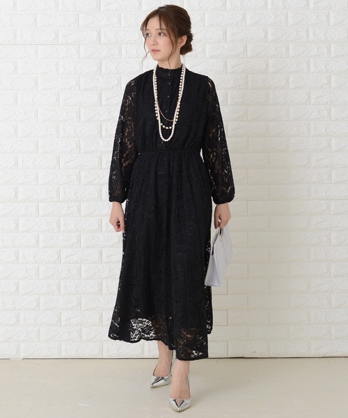 Lace Ladies ドレス 総レース ウエスト切り替え 長袖ロング