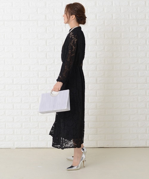 Lace Ladies ドレス 総レース ウエスト切り替え 長袖ロング