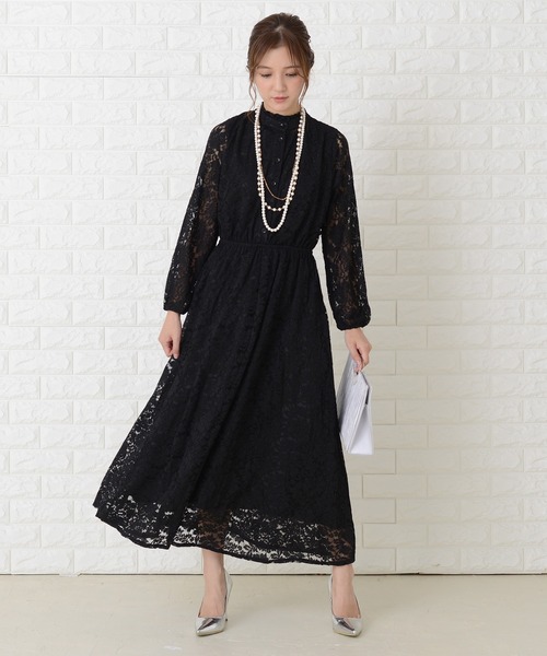 Lace Ladies ドレス 総レース ウエスト切り替え 長袖ロング