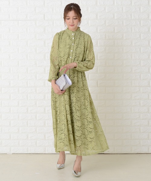 Lace Ladies ドレス 総レース ウエスト切り替え 長袖ロング