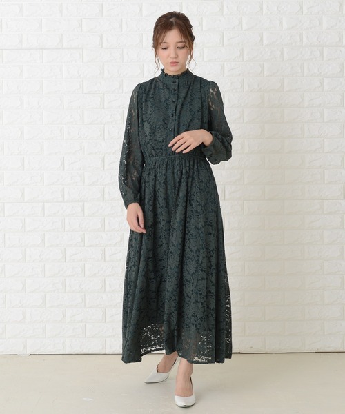 Lace Ladies ドレス 総レース ウエスト切り替え 長袖ロング