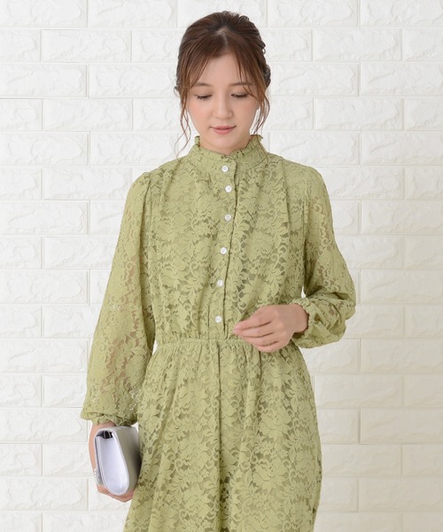Lace Ladies ドレス 総レース ウエスト切り替え 長袖ロング