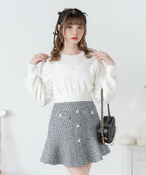 ニット セーター ラインストーンドットショートニットトップス レディース DearMyLoveRose ニット セーター ラインストーンドットショート