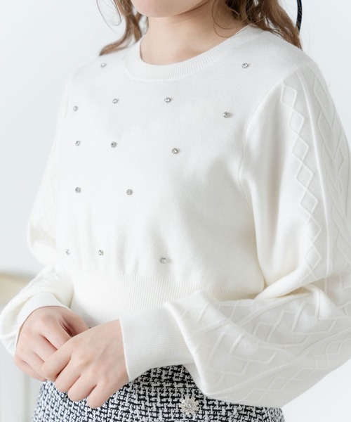 ニット セーター ラインストーンドットショートニットトップス レディース DearMyLoveRose ニット セーター ラインストーンドットショート