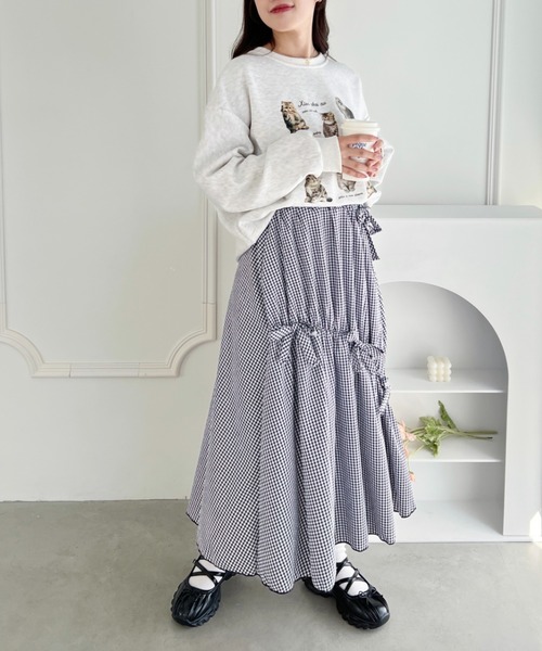 Loueme ロング スカート メニーリボンギンガムチェックギャザーフレア