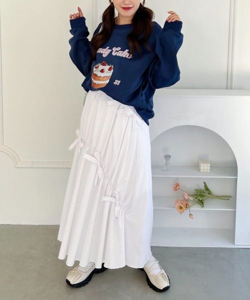 Loueme スカート メニーリボンギンガムチェックギャザーフレア