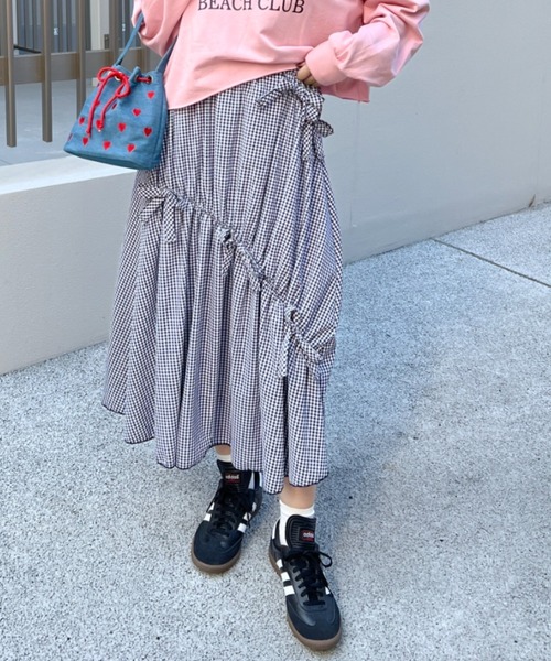 Loueme スカート メニーリボンギンガムチェックギャザーフレア