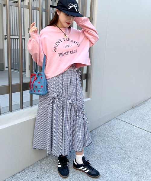 Loueme スカート メニーリボンギンガムチェックギャザーフレア