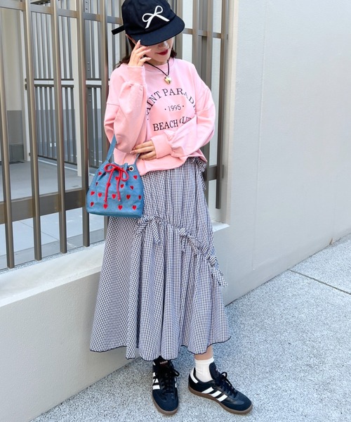 Loueme スカート メニーリボンギンガムチェックギャザーフレア