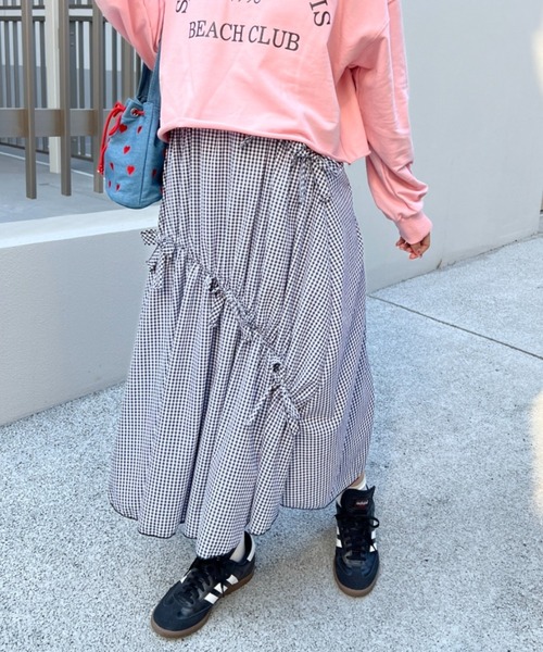 Loueme スカート メニーリボンギンガムチェックギャザーフレア