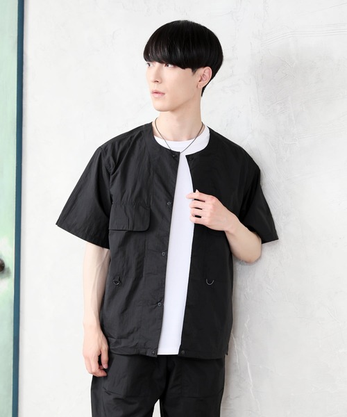 TopIsm シャツ 超軽量撥水 ナイロンノーカラーシャツジャケット