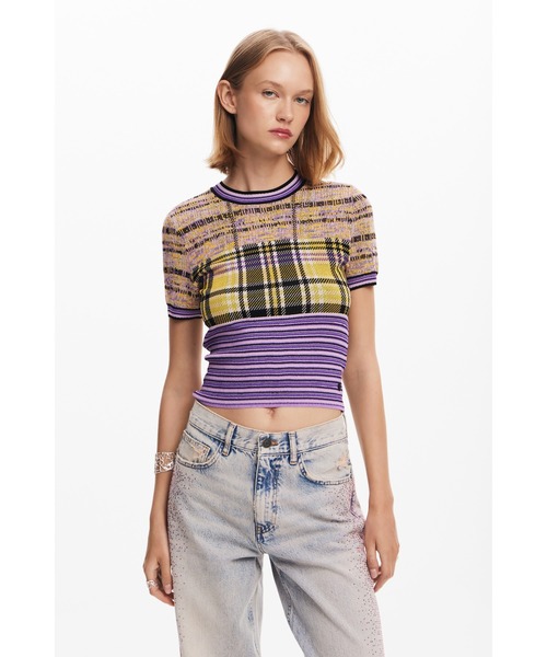 ブラウス シャツ ミックスパターン クロップドニットTシャツ レディース