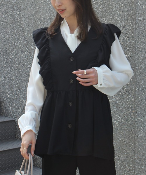 INCEDE ベスト ジレ ノースリーブフリルジャケット レディース
