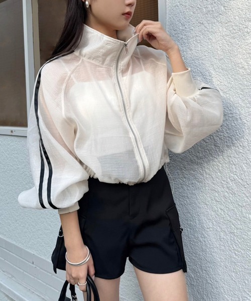 まぁみ♡さん  GDラインスリーブショートジャケット ストリングポイントショートスリーブデニムジャケット【サーモン】