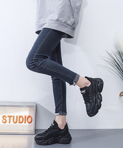 Lace Ladies スニーカー ラウンドフォルム レースアップ 厚底