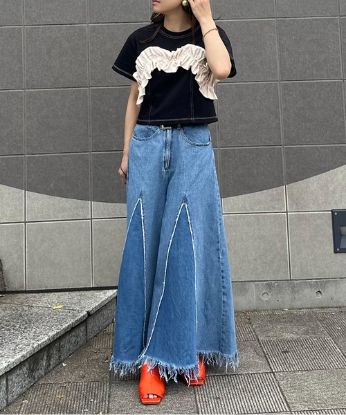 mi via loca tシャツ 半袖 配色フリルギャザー クロップドトップス