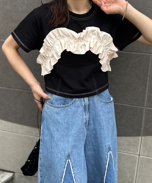 mi via loca tシャツ 配色フリルギャザー クロップドトップス