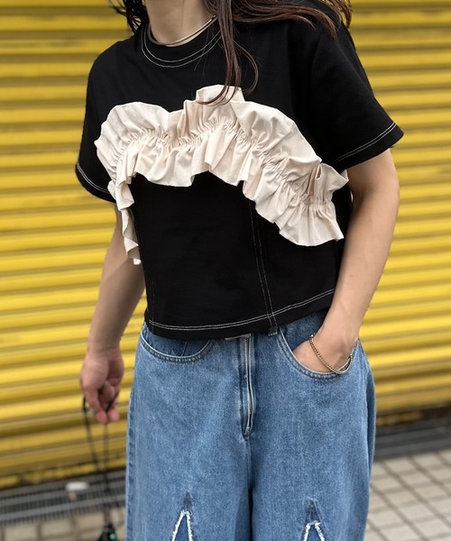 mi via loca tシャツ 配色フリルギャザー クロップドトップス