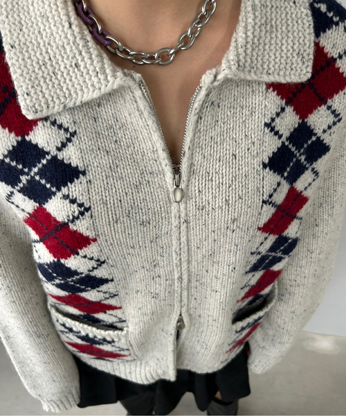 Fano Studios ダブルジップアーガイルウールニットカーディガン