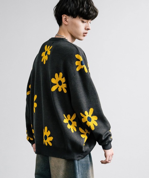 Rocky Monroe セーター ニット ダブルジャガードフラワー柄ルーズ