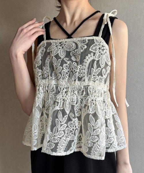 Glamorous Jane リボン刺繍キャミソール  y2k レース チェック JUNOAH キャミソール 肩リボンオーガンジーレースキャミビスチェ