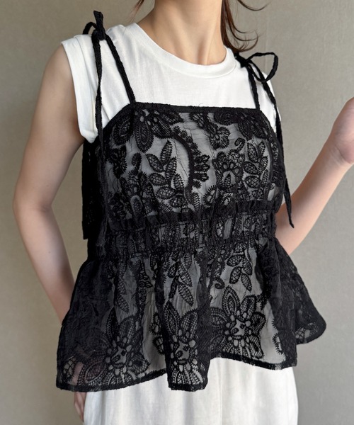 styling 黒レース　ビスチェ　キャミソール JUNOAH キャミソール 肩リボンオーガンジーレースキャミビスチェ