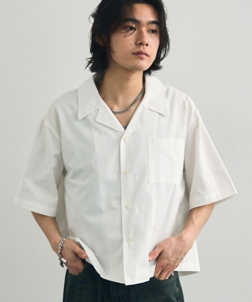 ショート丈 半袖シャツ ホワイト Shoowtime（ショウタイム） シャツ 半袖 Short length open collar