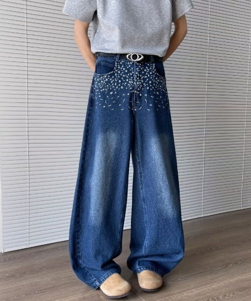 FreeZone ジーンズ 花柄刺繍ワイドデニムパンツ メンズ レディース
