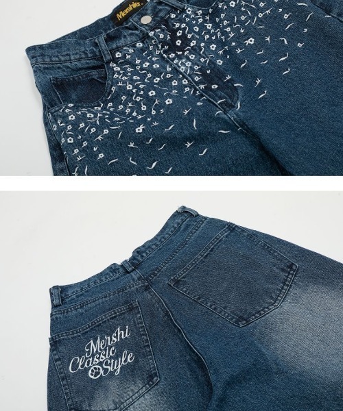 FreeZone ジーンズ 花柄刺繍ワイドデニムパンツ メンズ レディース