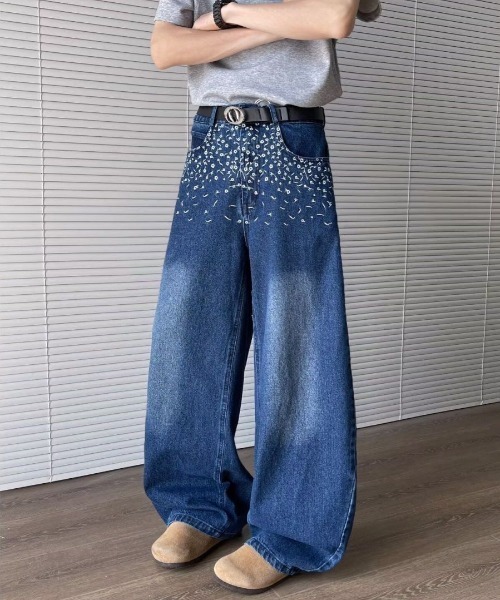 FreeZone ジーンズ 花柄刺繍ワイドデニムパンツ メンズ レディース