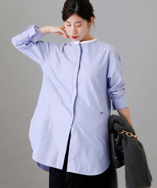 VERMEIL par iena 長袖シャツ ノーカラー 総柄 ホワイト VERMEIL par iena（ヴェルメイユパーイエナ） 長袖ブラウス - ホワイト