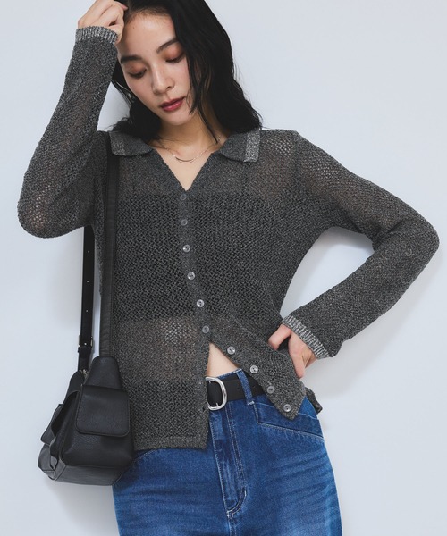 カーディガン 「WEB限定」美シルエット配色ラメポロニットカーディガン レディース