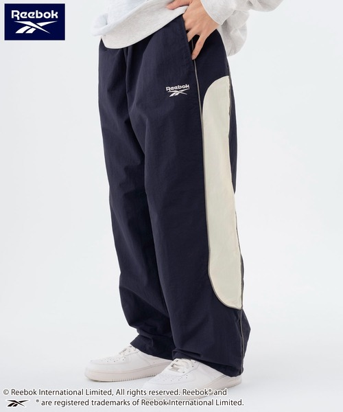 【極太】US Reebok ナイロン パンツ シワ加工 ネイビー XL 裏地付き Reebok（リーボック） パンツ ブランド ロゴ ワンポイント 切替