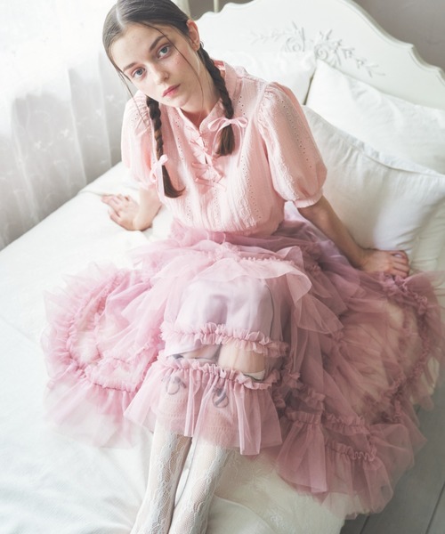 フリルスリーブTシャツ　フリルデニムスカート　レースソックスつきピンクパンプス Diable baiser（ディアブルベーゼ） 靴下 裾フリフリレースルーズ