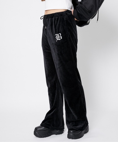 パンツ 「ベロア×フレアシルエット」レディース ロゴ刺繍パンツ
