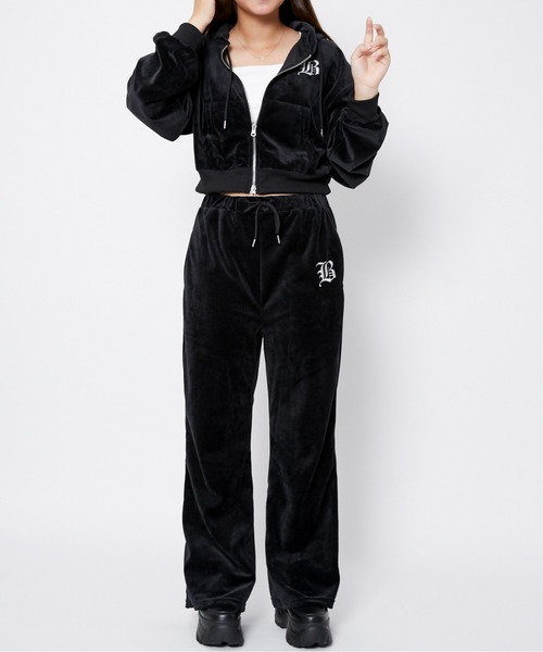 パンツ 「ベロア×フレアシルエット」レディース ロゴ刺繍パンツ