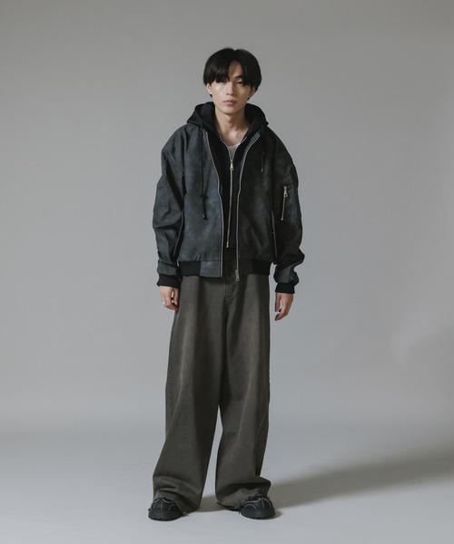 Theater code ma1 ma-1 Layered-Style Hooded Leather Jacket Theater code ma1 ma-1 Layered-Style Hooded Leather Jacket
